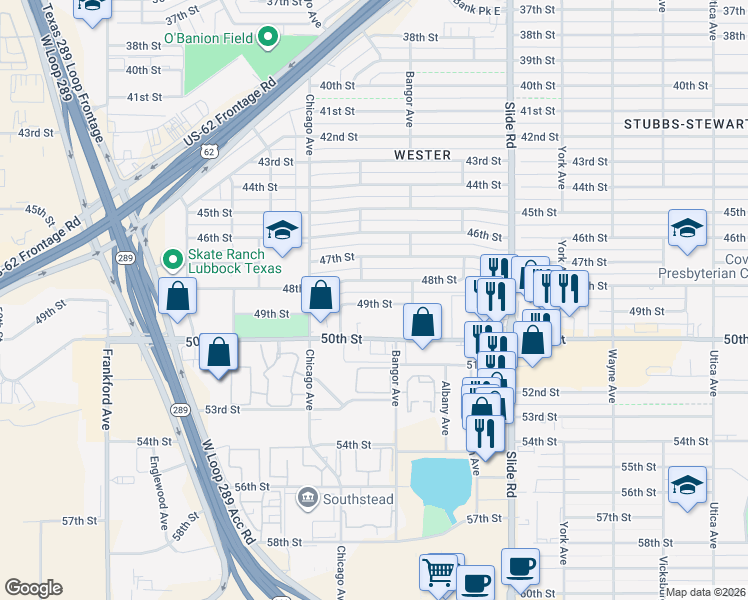 map of restaurants, bars, coffee shops, grocery stores, and more near 5413 48th Street in Lubbock