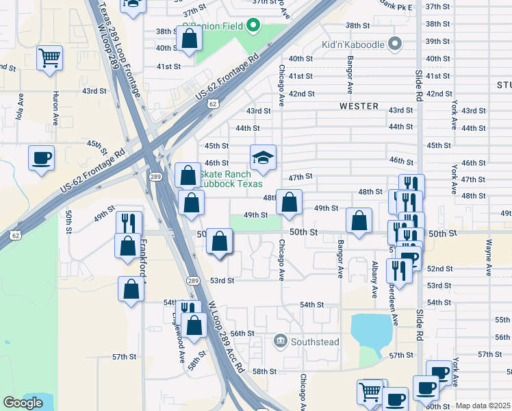 map of restaurants, bars, coffee shops, grocery stores, and more near 5501-5513 48th Street in Lubbock