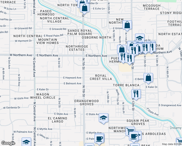 map of restaurants, bars, coffee shops, grocery stores, and more near 738 East Desert Park Lane in Phoenix
