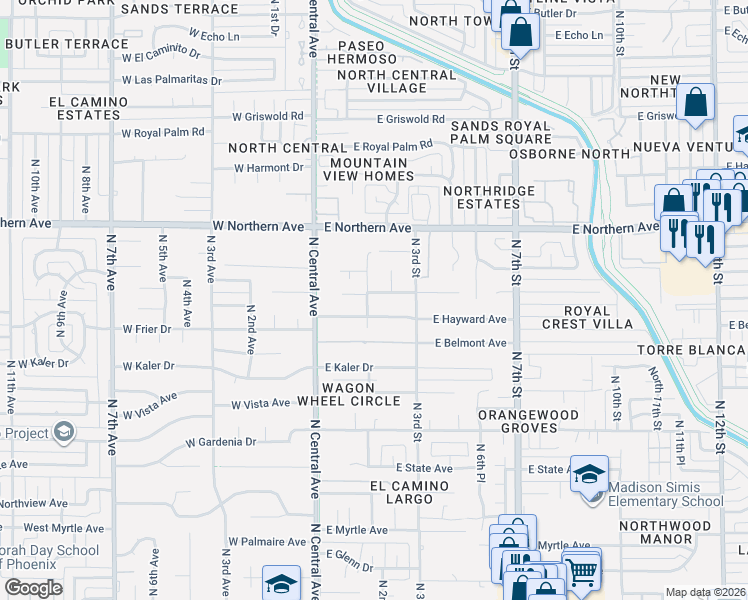 map of restaurants, bars, coffee shops, grocery stores, and more near 136 East Desert Park Lane in Phoenix