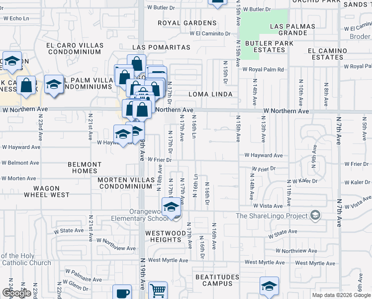 map of restaurants, bars, coffee shops, grocery stores, and more near 7732 North 17th Avenue in Phoenix