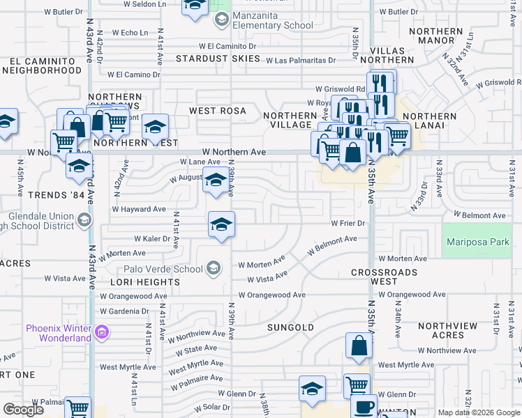 map of restaurants, bars, coffee shops, grocery stores, and more near 3802 West Hayward Avenue in Phoenix