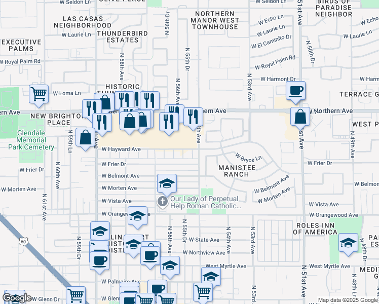 map of restaurants, bars, coffee shops, grocery stores, and more near 7784 North 56th Avenue in Glendale