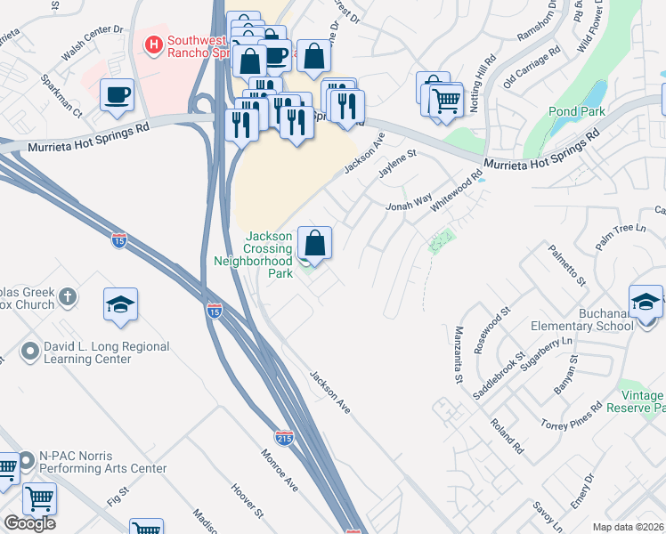 map of restaurants, bars, coffee shops, grocery stores, and more near 25960 Marco Polo Street in Murrieta