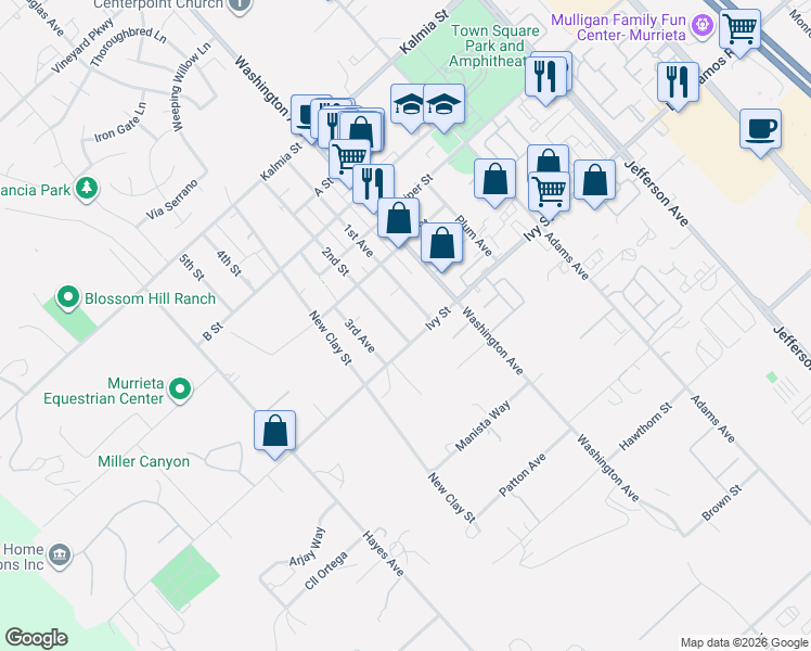 map of restaurants, bars, coffee shops, grocery stores, and more near 24981 1st Avenue in Murrieta