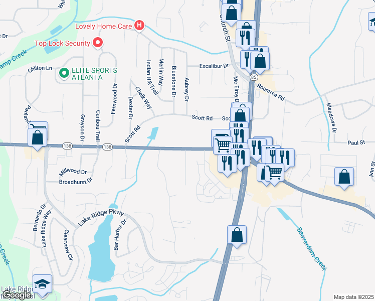 map of restaurants, bars, coffee shops, grocery stores, and more near 0 Georgia 138 in Riverdale