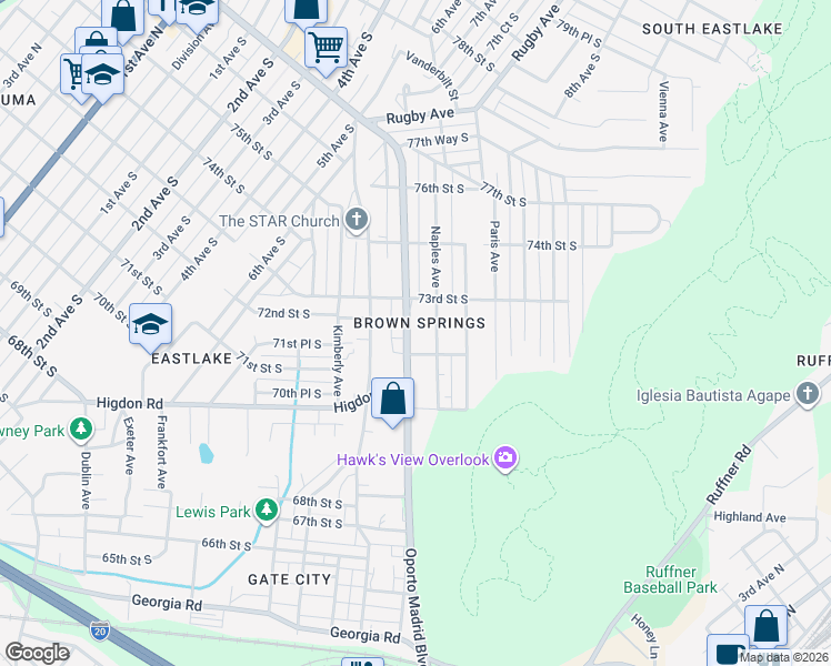 map of restaurants, bars, coffee shops, grocery stores, and more near 7224 Oporto Madrid Boulevard in Birmingham