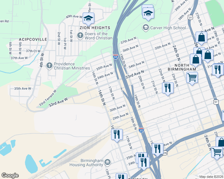 map of restaurants, bars, coffee shops, grocery stores, and more near 1701 33rd Avenue North in Birmingham