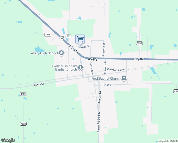 map of restaurants, bars, coffee shops, grocery stores, and more near 220 U.S. 82 in Avery