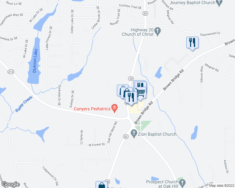 map of restaurants, bars, coffee shops, grocery stores, and more near 45 Stone Creek Drive in Covington