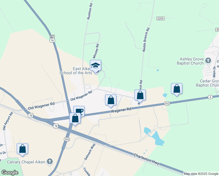 map of restaurants, bars, coffee shops, grocery stores, and more near 129 Lain Street in Aiken