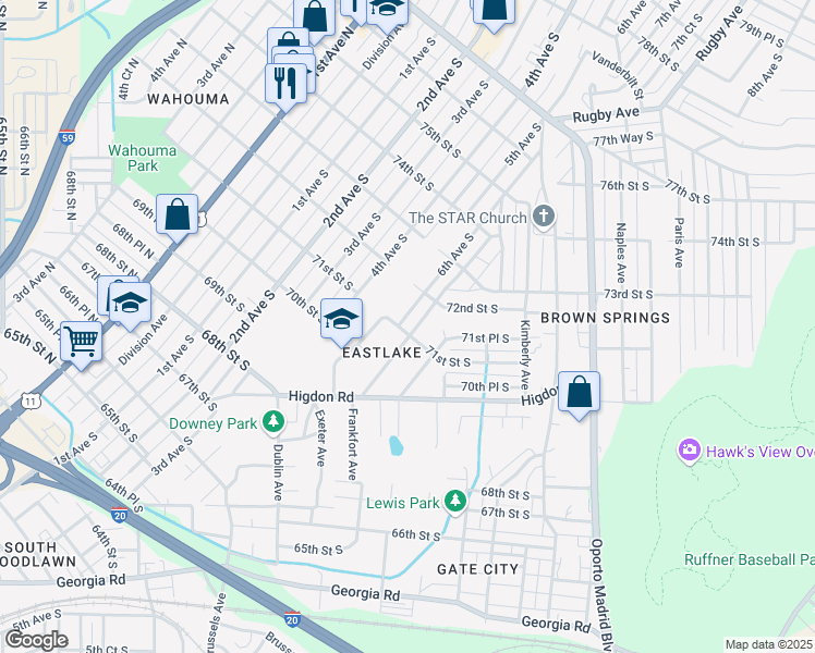 map of restaurants, bars, coffee shops, grocery stores, and more near 7100 6th Avenue South in Birmingham