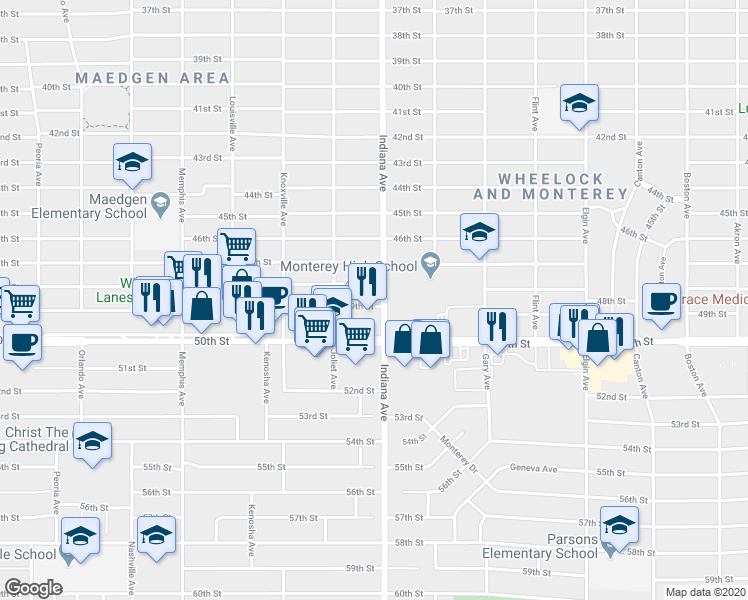 map of restaurants, bars, coffee shops, grocery stores, and more near 3404 49th Street in Lubbock