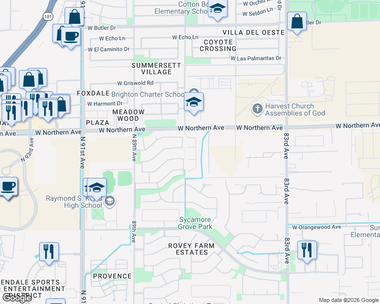 map of restaurants, bars, coffee shops, grocery stores, and more near 8673 West Augusta Avenue in Glendale