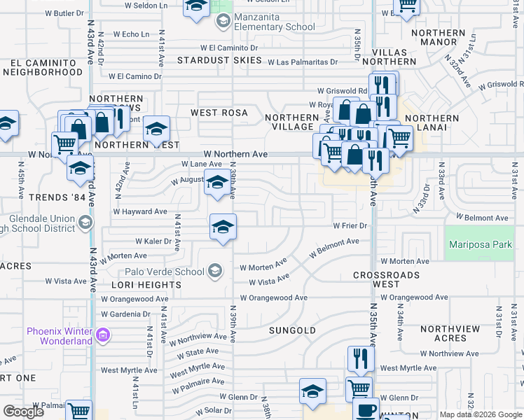 map of restaurants, bars, coffee shops, grocery stores, and more near 3802 West Hayward Avenue in Phoenix