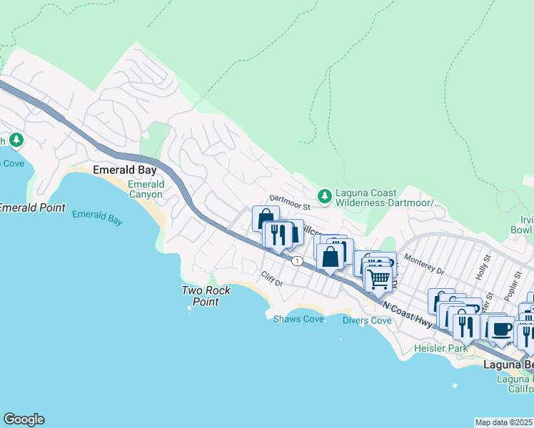 map of restaurants, bars, coffee shops, grocery stores, and more near 1445 Hillcrest Drive in Laguna Beach