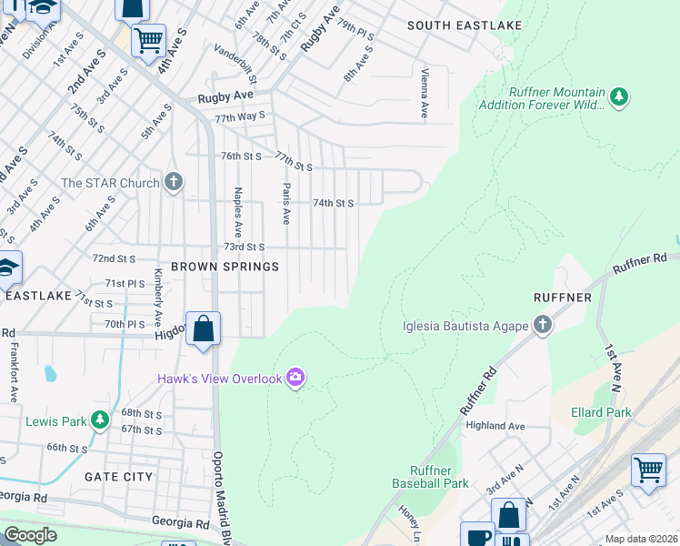 map of restaurants, bars, coffee shops, grocery stores, and more near 7229 Rome Avenue in Birmingham