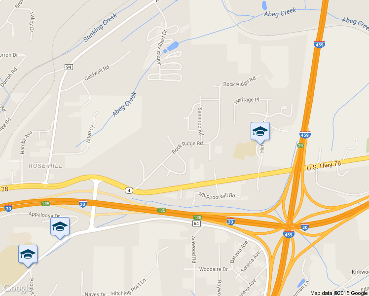 map of restaurants, bars, coffee shops, grocery stores, and more near 3847 Rock Ridge Road in Irondale