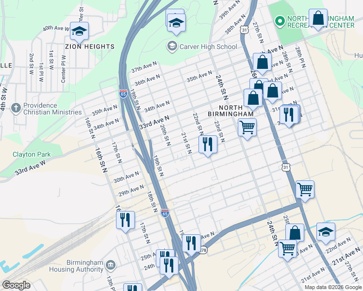 map of restaurants, bars, coffee shops, grocery stores, and more near 2025 31st Avenue North in Birmingham