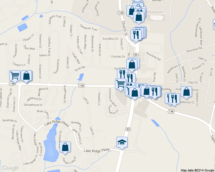 map of restaurants, bars, coffee shops, grocery stores, and more near Hwy 138 SW in Riverdale