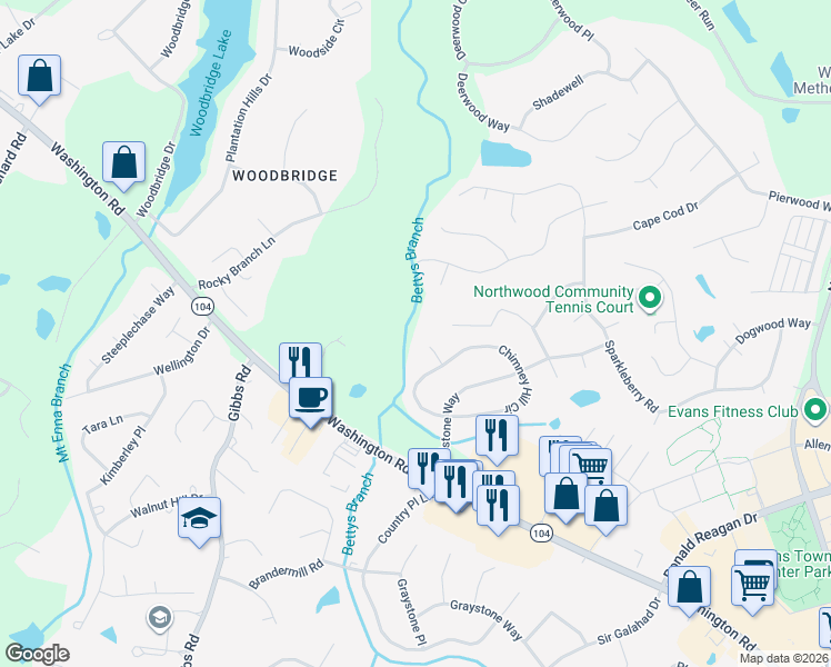 map of restaurants, bars, coffee shops, grocery stores, and more near 607 Ridge Way in Evans