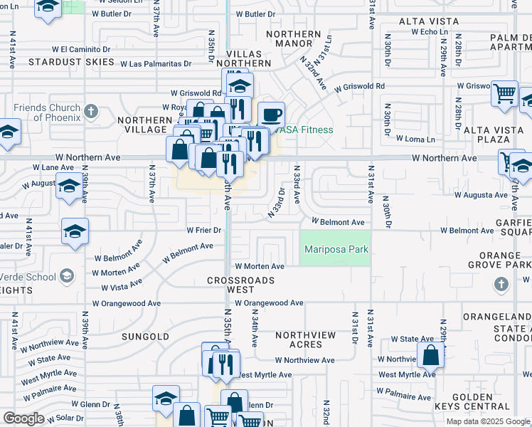 map of restaurants, bars, coffee shops, grocery stores, and more near 7730 North 34th Avenue in Phoenix
