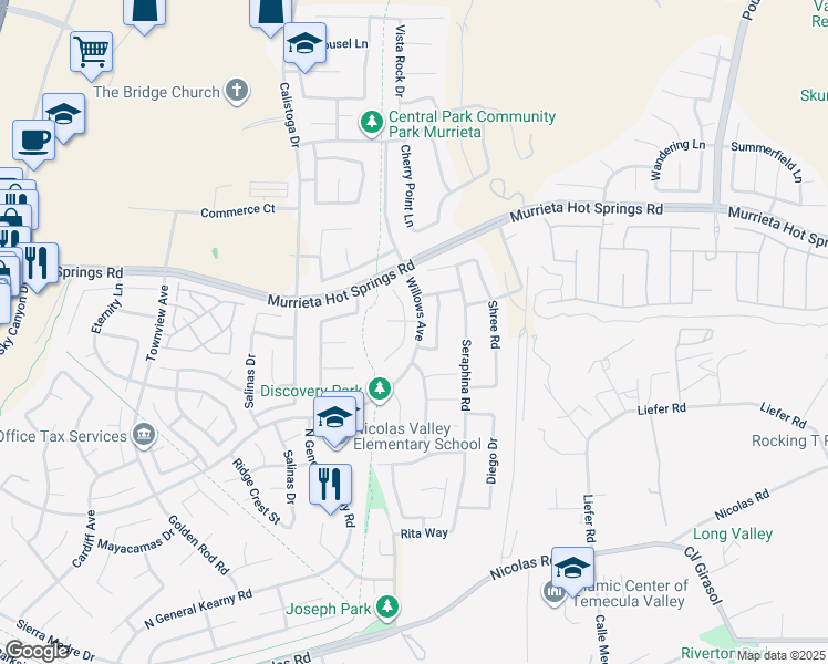 map of restaurants, bars, coffee shops, grocery stores, and more near 39268 Half Moon Circle in Murrieta
