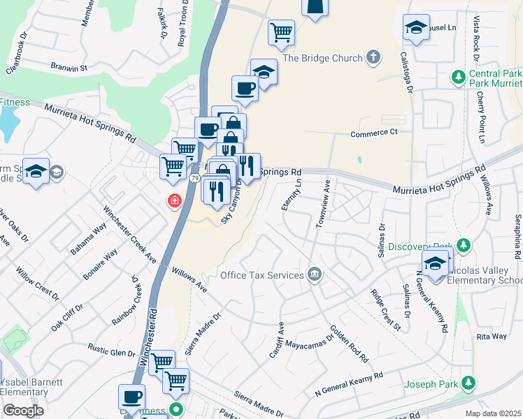 map of restaurants, bars, coffee shops, grocery stores, and more near 39351 Memory Drive in Murrieta