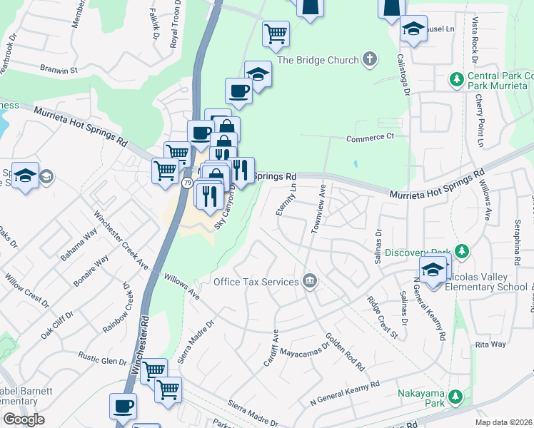 map of restaurants, bars, coffee shops, grocery stores, and more near 39235 Eternity Lane in Murrieta