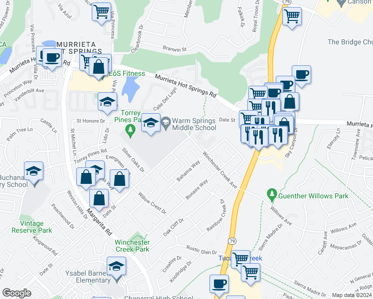 map of restaurants, bars, coffee shops, grocery stores, and more near 26837 Redwood Circle in Murrieta