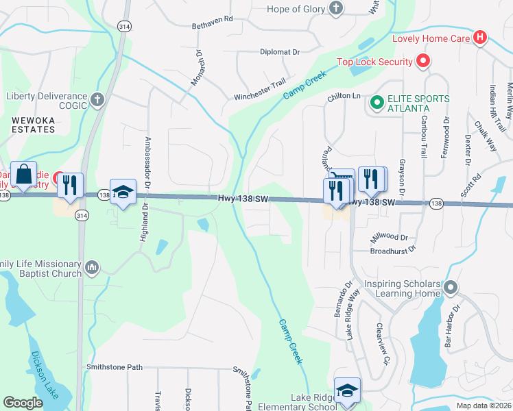 map of restaurants, bars, coffee shops, grocery stores, and more near 1471 Riverrock Trail Southwest in Riverdale