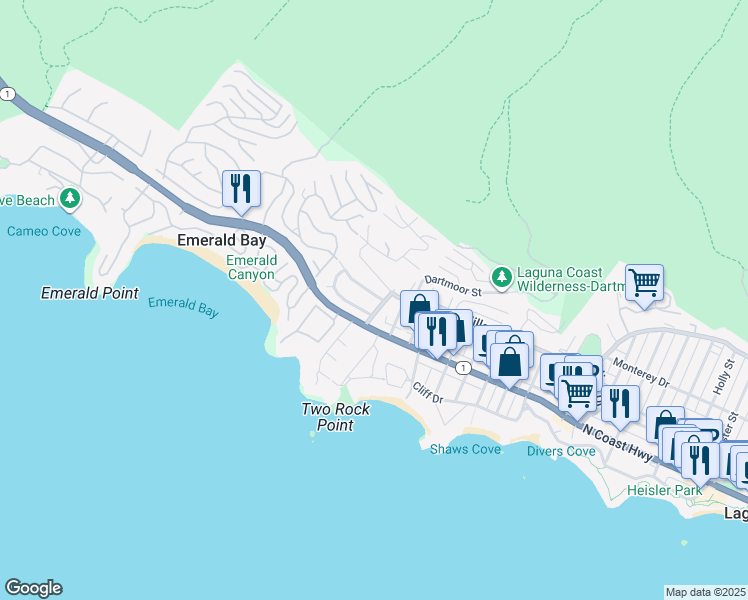 map of restaurants, bars, coffee shops, grocery stores, and more near 1611 Hillcrest Drive in Laguna Beach