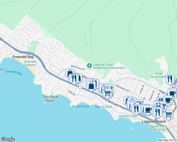 map of restaurants, bars, coffee shops, grocery stores, and more near 481 Dartmoor Street in Laguna Beach