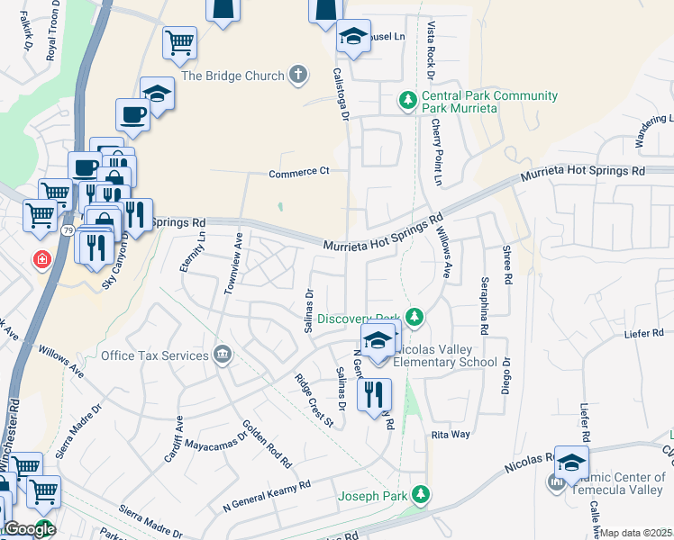 map of restaurants, bars, coffee shops, grocery stores, and more near 30450 Novato Way in Murrieta