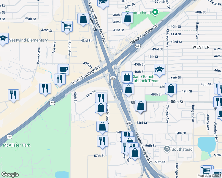 map of restaurants, bars, coffee shops, grocery stores, and more near W Loop 289 & Frankford Ave in Lubbock