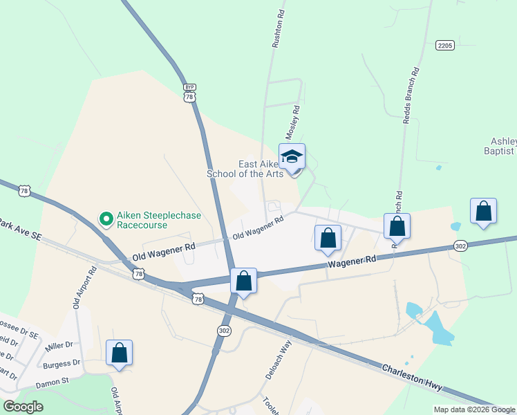 map of restaurants, bars, coffee shops, grocery stores, and more near 113 Rushton Road in Aiken