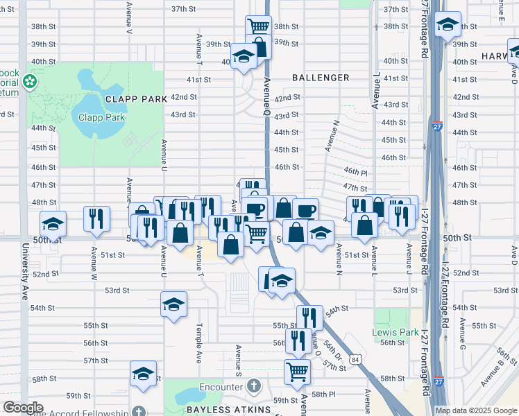 map of restaurants, bars, coffee shops, grocery stores, and more near 1705 48th Street in Lubbock