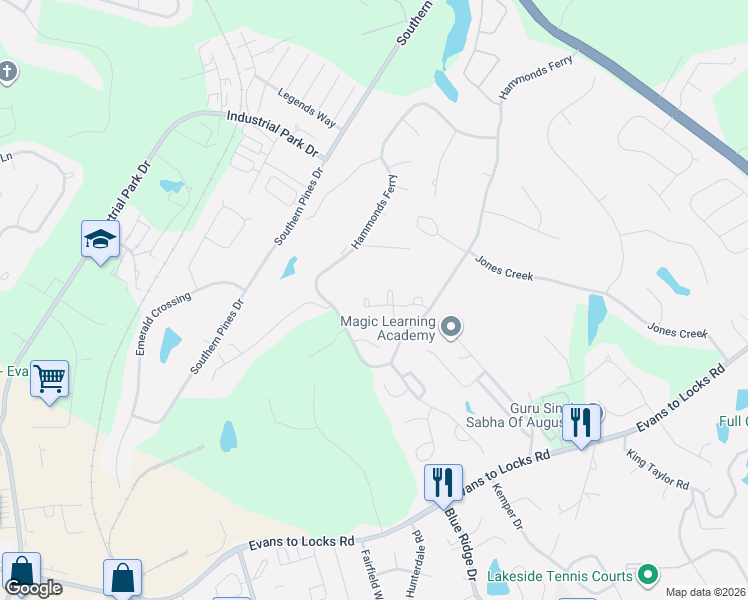map of restaurants, bars, coffee shops, grocery stores, and more near 747 Magruder Landing in Evans