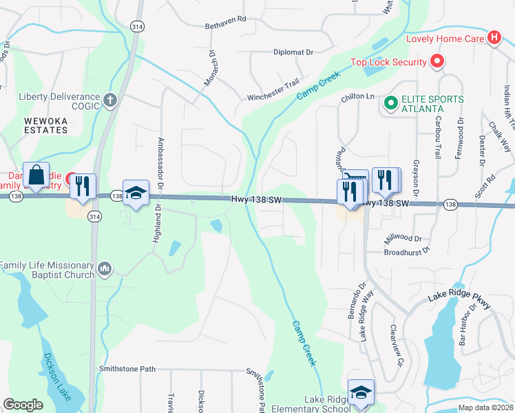map of restaurants, bars, coffee shops, grocery stores, and more near 1495 Riverrock Trail Southwest in Riverdale