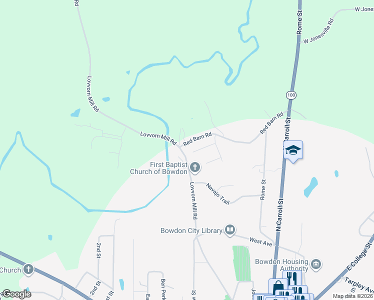 map of restaurants, bars, coffee shops, grocery stores, and more near 131 Seminole Trail in Bowdon