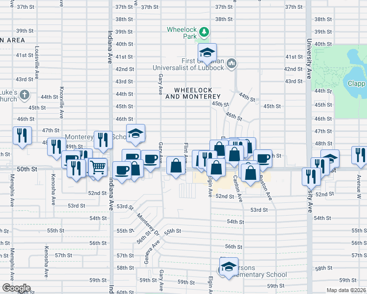 map of restaurants, bars, coffee shops, grocery stores, and more near 3101 48th St in Lubbock