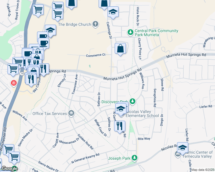 map of restaurants, bars, coffee shops, grocery stores, and more near 30450 Novato Way in Murrieta