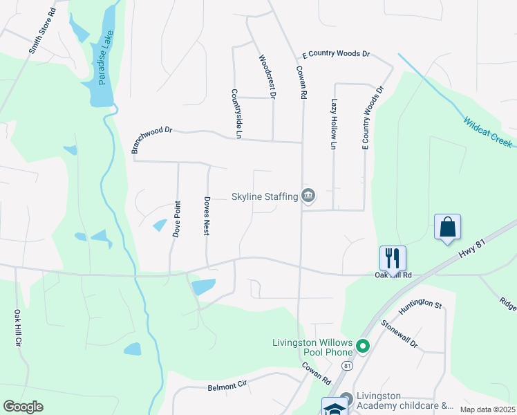 map of restaurants, bars, coffee shops, grocery stores, and more near 15 Pin Oak Place in Covington