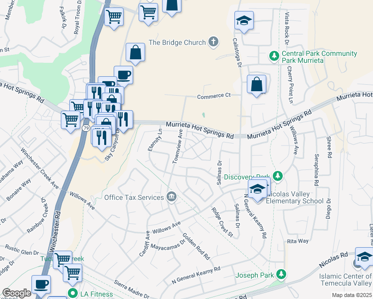map of restaurants, bars, coffee shops, grocery stores, and more near 39271 Flamingo Bay in Murrieta