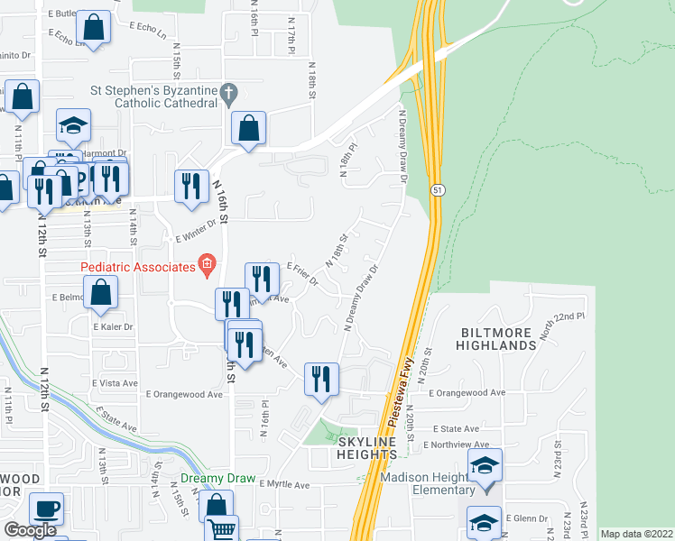 map of restaurants, bars, coffee shops, grocery stores, and more near 1809 East Desert Park Lane in Phoenix