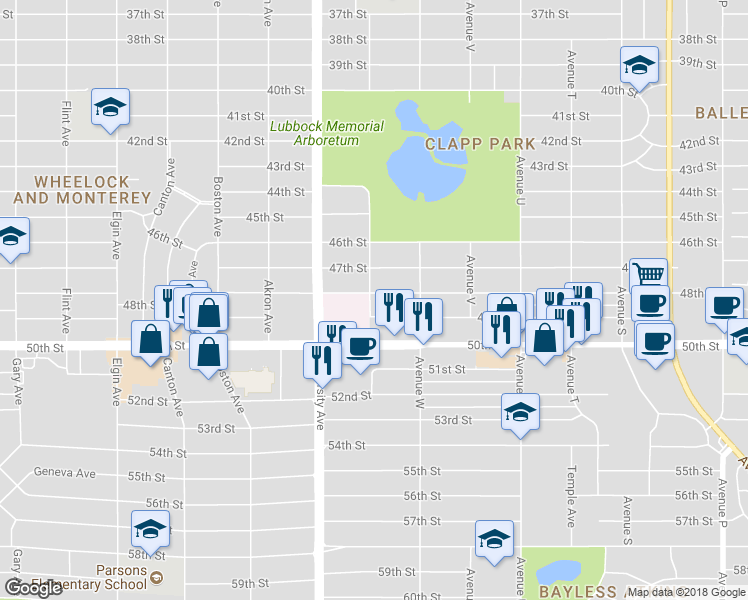 map of restaurants, bars, coffee shops, grocery stores, and more near 2319 48th Street in Lubbock