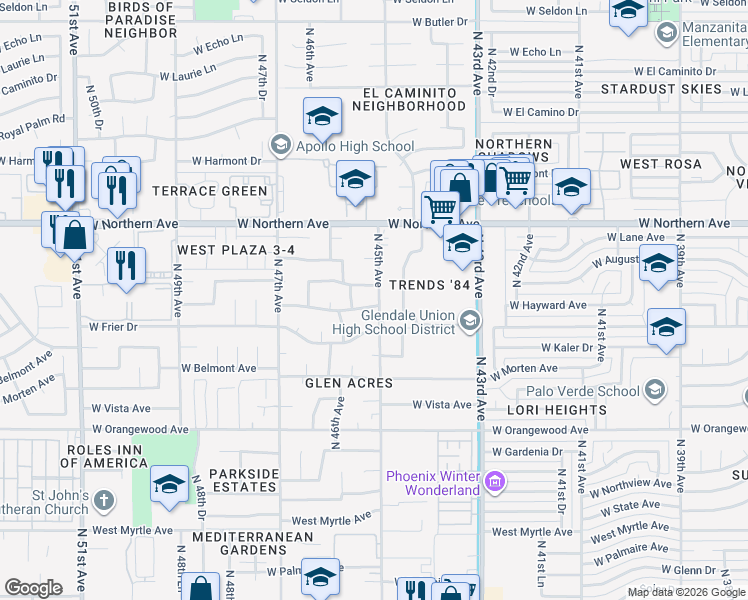 map of restaurants, bars, coffee shops, grocery stores, and more near 4513 West Hayward Avenue in Glendale