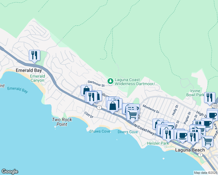 map of restaurants, bars, coffee shops, grocery stores, and more near 481 Dartmoor Street in Laguna Beach