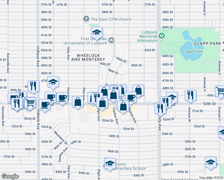 map of restaurants, bars, coffee shops, grocery stores, and more near 4624 Canton Avenue in Lubbock