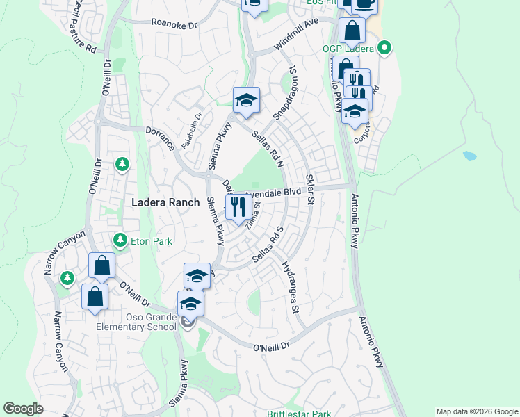 map of restaurants, bars, coffee shops, grocery stores, and more near 8 Whitworth Street in Ladera Ranch